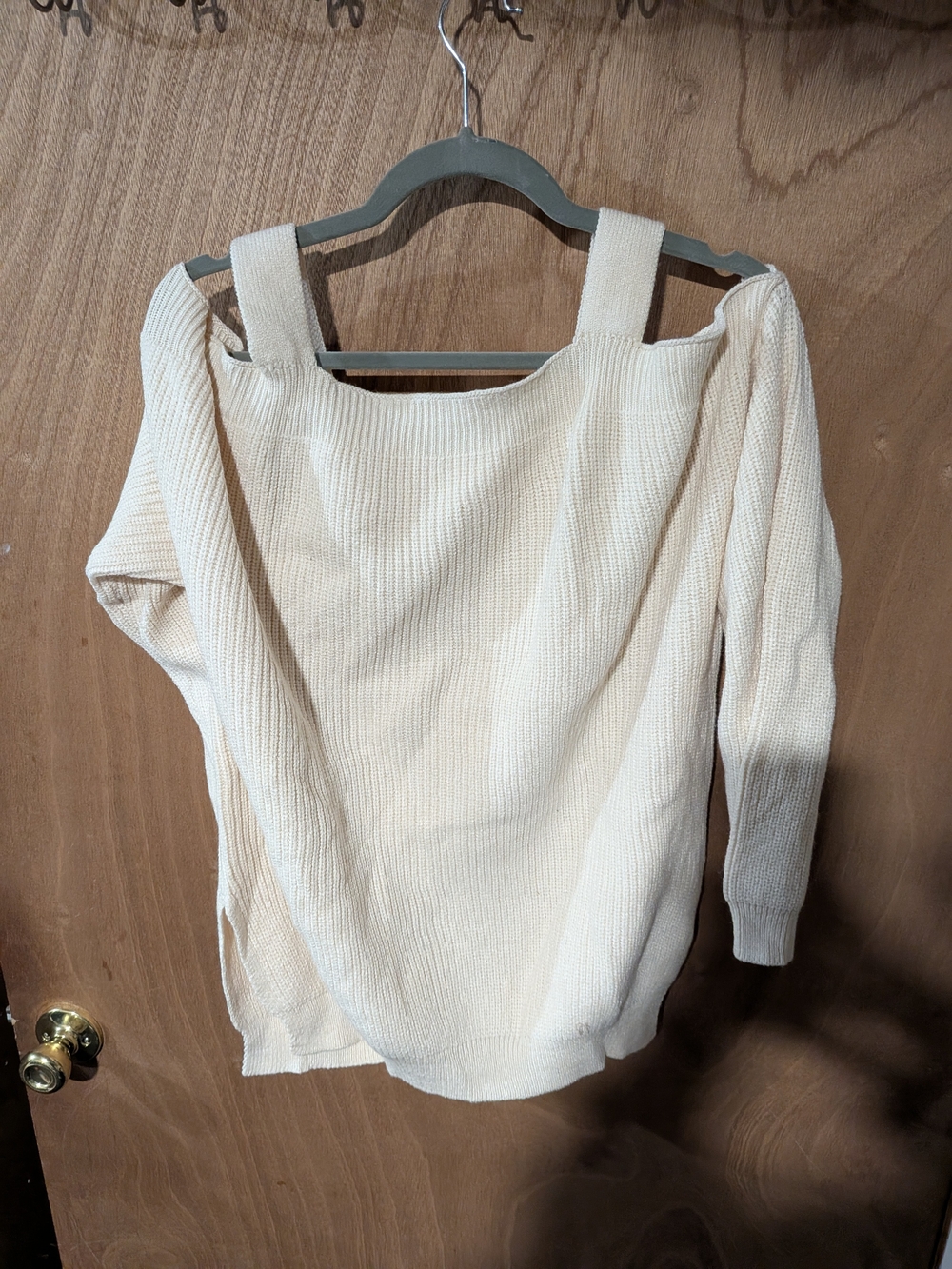 Off-Shoulder Ribbed Sweater with Wide Straps — Cream